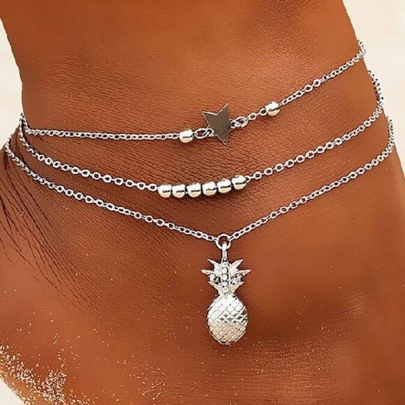 CZ Silver Gold Plated Pineapple Three Chain Lady Anklet For Women, HA4068 - Picture 1 of 2